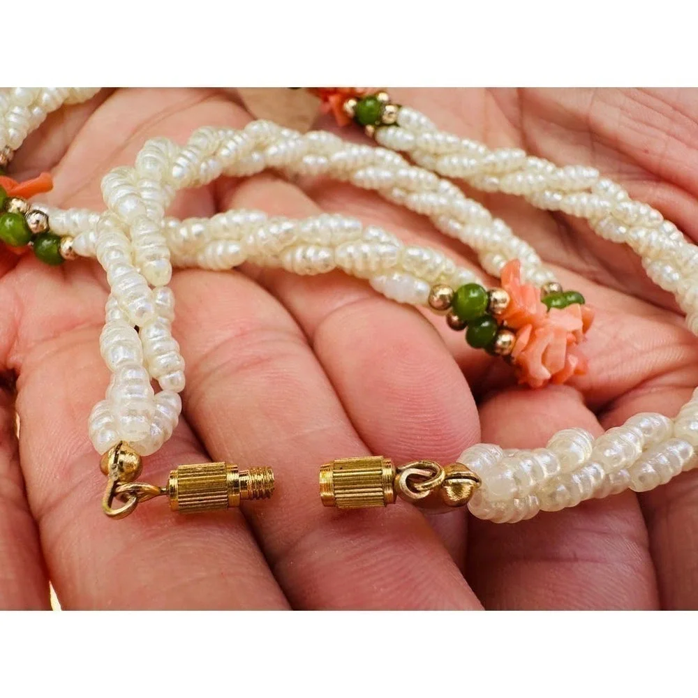 VTG 3 Strand Bright White Seed Pearl Choker Necklace w Jade Beads/Coral Flowers